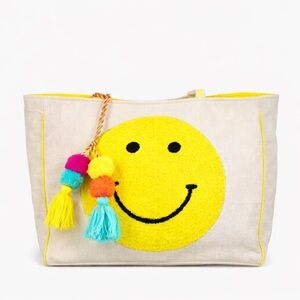 NWT Katydid Happy Face Chenille Patch Tote Smiley Canvas Beach Bag Tassel